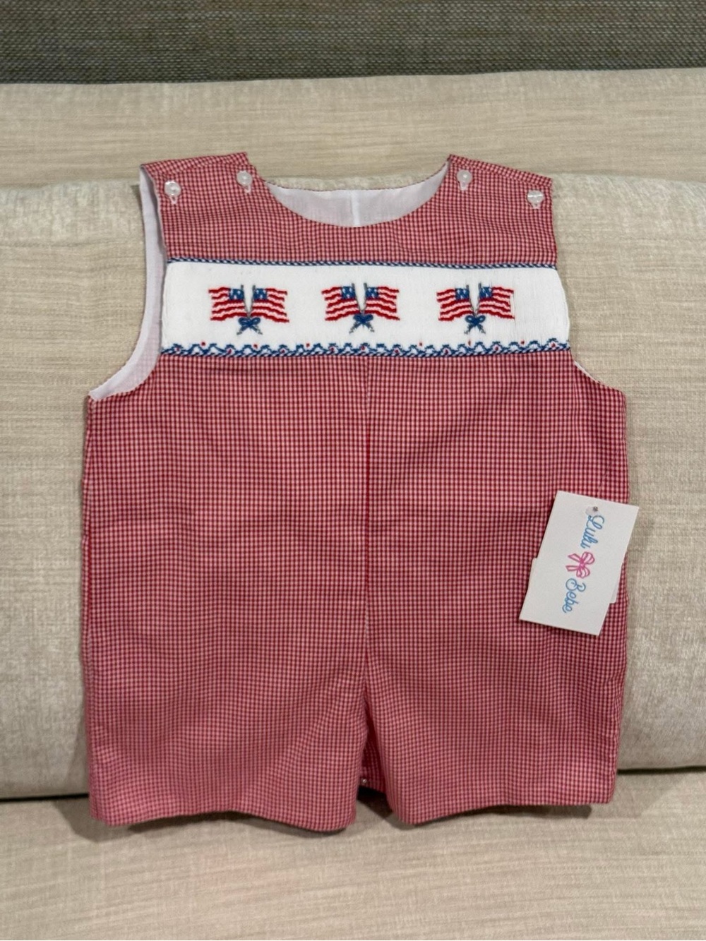 Lulu Bebe Red Gingham Smocked Flags One-Piece Romper